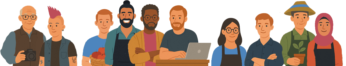 Illustration of a diverse group of small business owners, including a photographer, farmer, craftsperson, café worker, designer, and tech user, representing the inclusive and supportive community at Here4Business. This image serves as a general header for Here4Business, celebrating the wide range of entrepreneurs the platform supports — across industries, backgrounds, and experience levels.