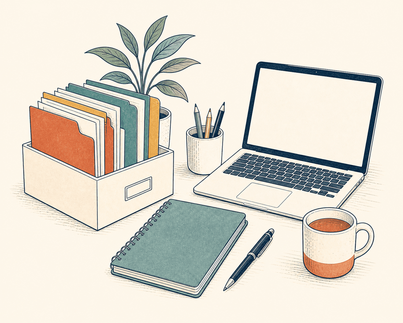 An illustrated small-business desk with a laptop, folders, notebook, mug and plant.